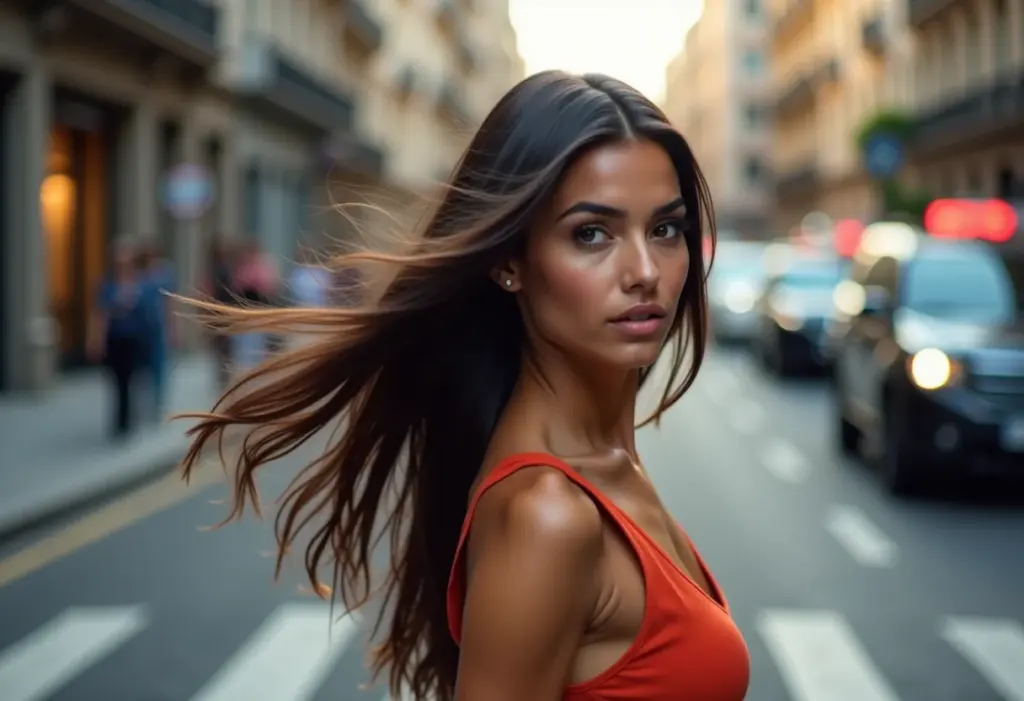 Mulher de cabelo liso atravessando a rua com o cabelo ao vento