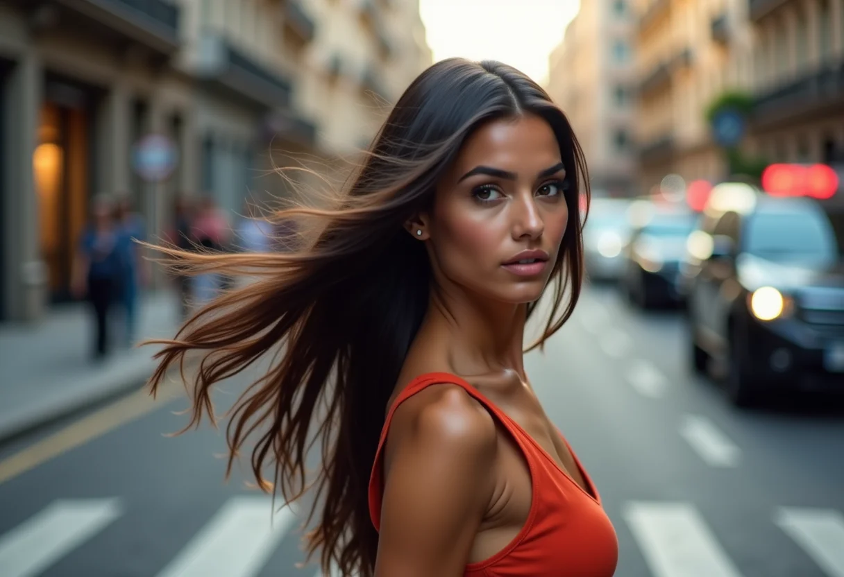 Mulher de cabelo liso atravessando a rua com o cabelo ao vento
