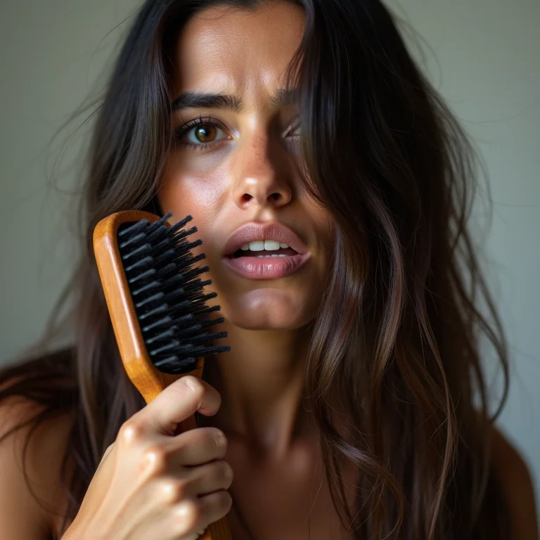 Mulher de cabelo liso com escova presa no cabelo embaraçado