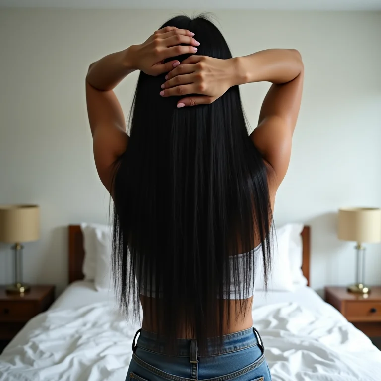 Mulher de cabelo liso jogando o cabelo para dar volume