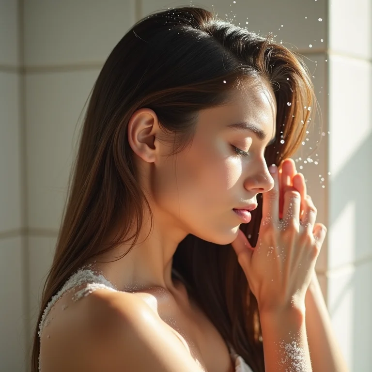Mulher de cabelo liso lavando o cabelo com co-wash.