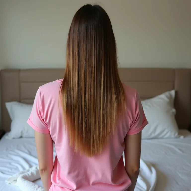 Mulher de cabelo liso testando a técnica de plopping em casa.