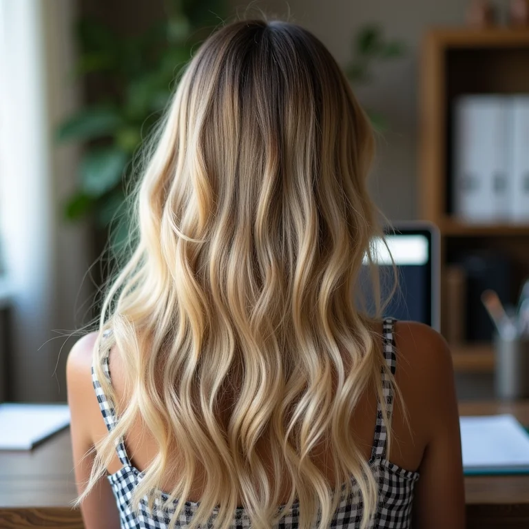 Mulher de cabelo ondulado e brilhoso trabalhando em casa.