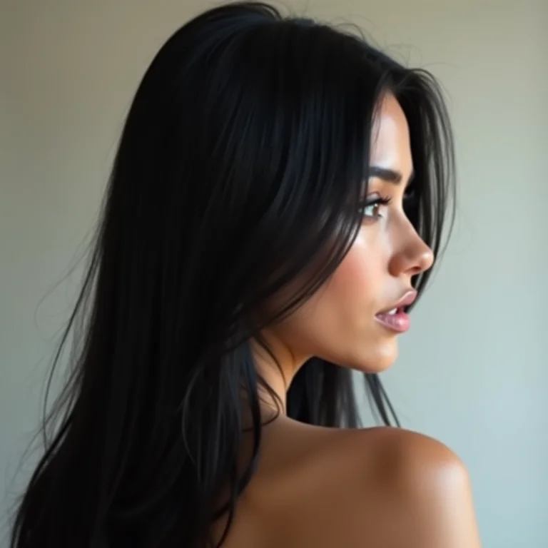 Mulher de cabelo preto liso olhando por cima do ombro