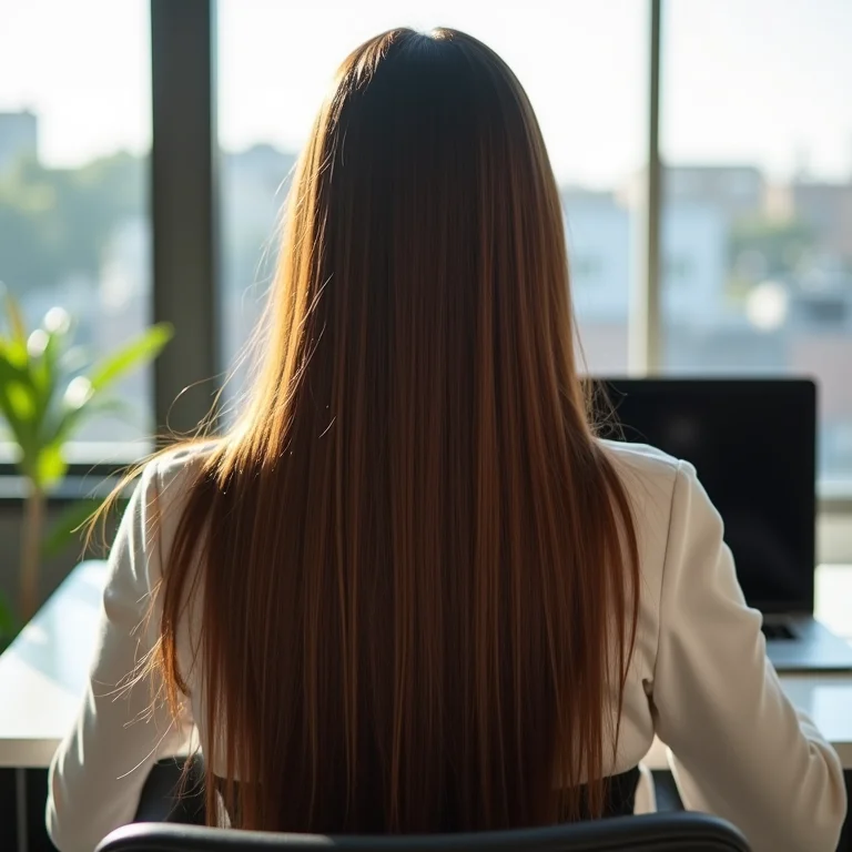 Mulher de cabelos lisos trabalhando com brilho saudável