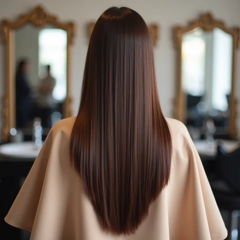 Mulher de costas com cabelo liso e grosso no salão.