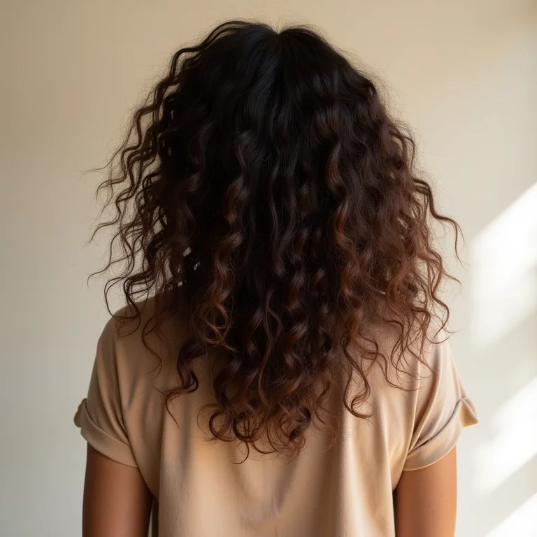 Mulher de costas com cabelo ondulado e volume controlado