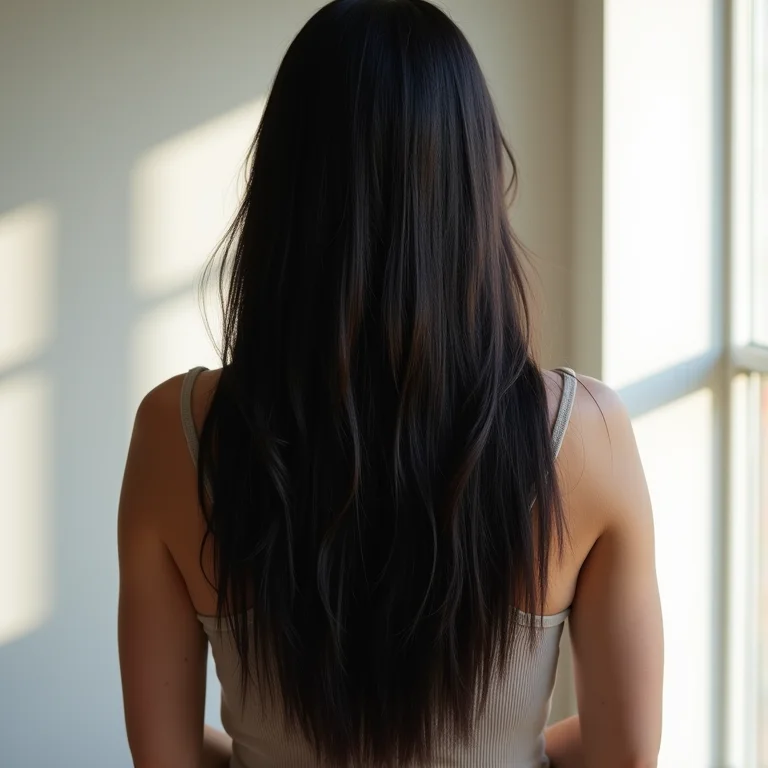 Mulher de costas exibindo cabelo liso e sem frizz.