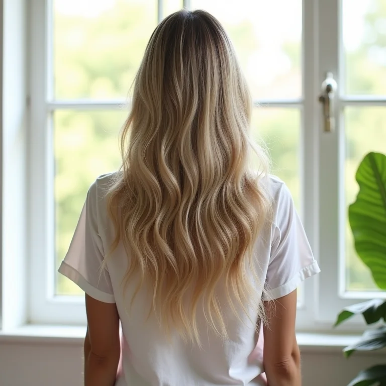 Mulher de costas exibindo cabelo ondulado e saudável