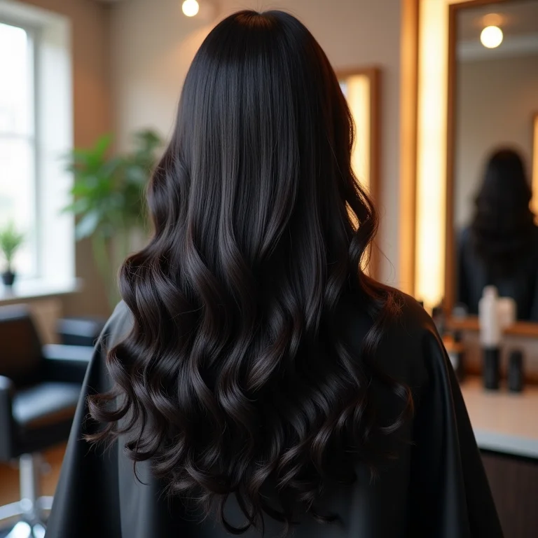 Mulher de costas mostrando o cabelo preto brilhante após o retoque da raiz.