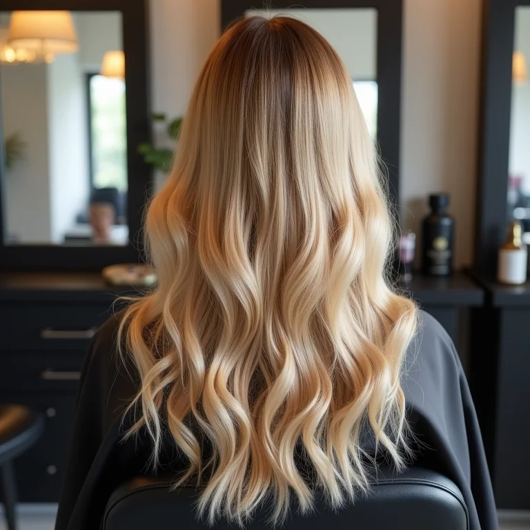 Mulher de costas no salão com cabelo loiro mel perolado