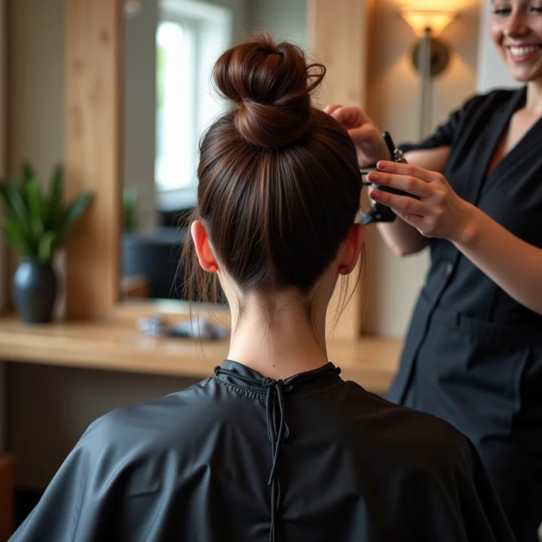 Mulher de costas recebendo corte de cabelo no salão.