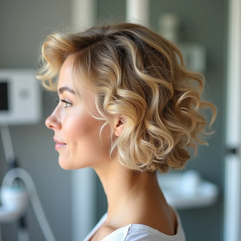 Mulher de perfil com cabelo cacheado loiro após microneedling