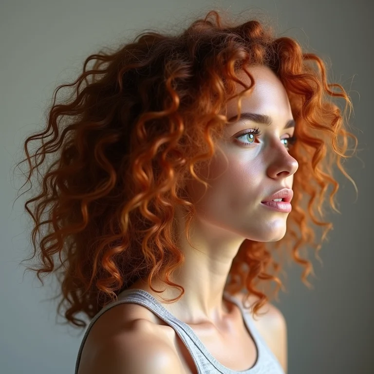 Mulher de perfil com cabelo cacheado ruivo ao vento.