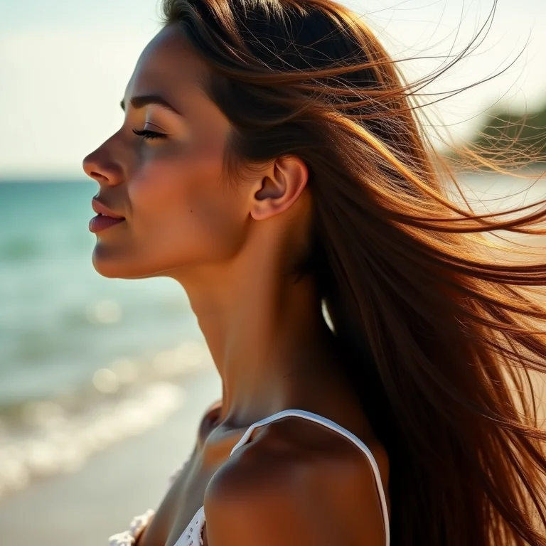 Mulher de perfil com cabelo liso e saudável ao vento