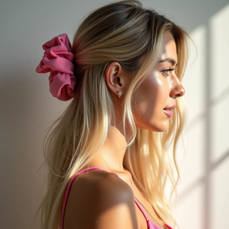 Mulher de perfil com cabelo liso loiro e scrunchie rosa