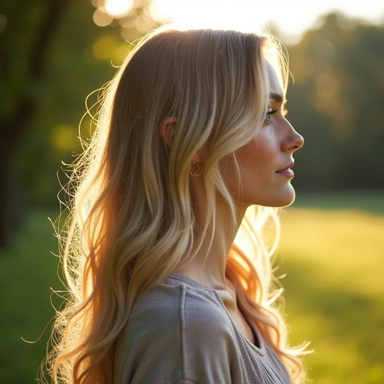 Mulher de perfil com cabelo loiro ondulado ao ar livre.