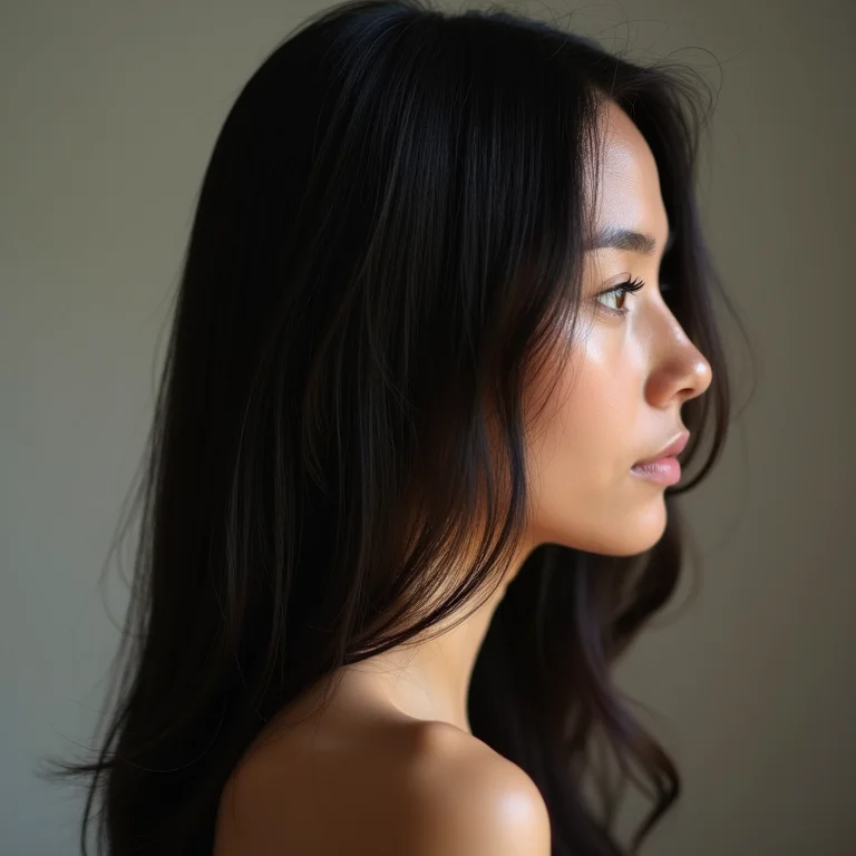 Mulher de perfil com cabelo quimicamente tratado.