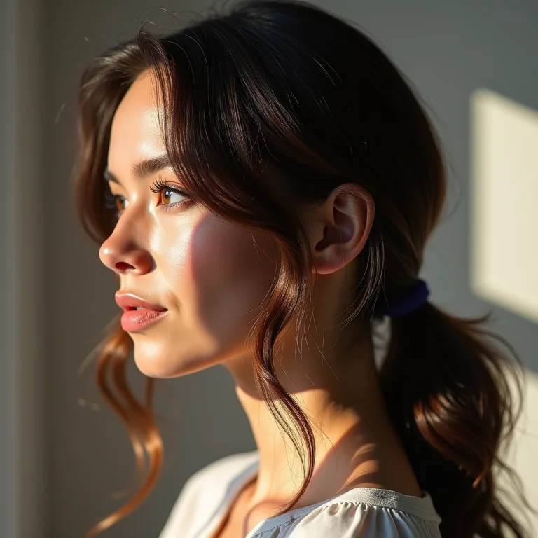 Mulher de perfil com cabelos finos e ondulados.