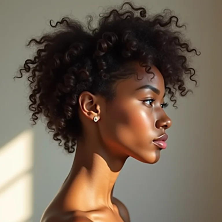 Mulher de perfil com corte de cabelo moderno para cabelos cacheados