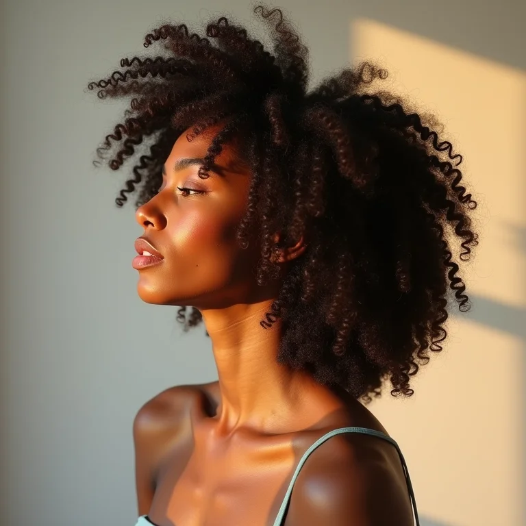 Mulher de perfil exibindo cabelo cacheado 3B saudável.