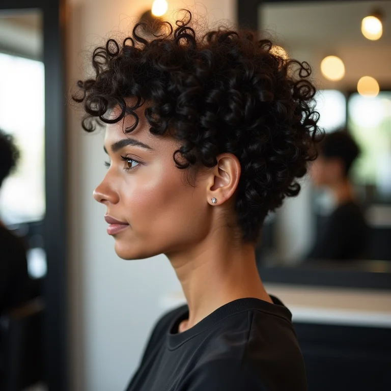 Mulher de perfil exibindo corte de cabelo cacheado impecável.