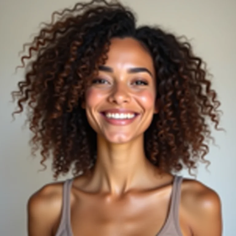 Mulher de rosto redondo com cabelo cacheado