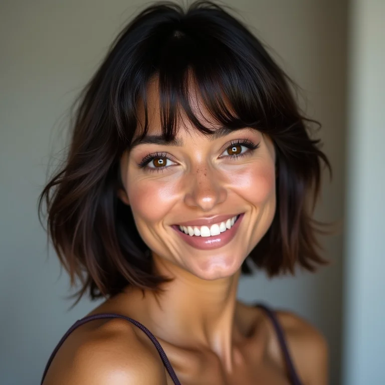 Mulher de rosto redondo com chanel de bico e franja lateral