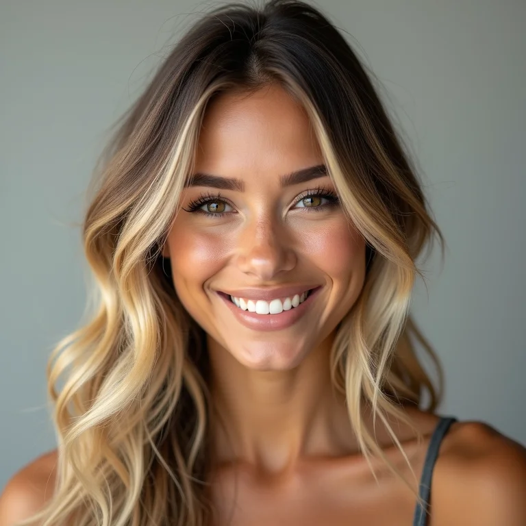 Mulher de rosto redondo com mechas californianas