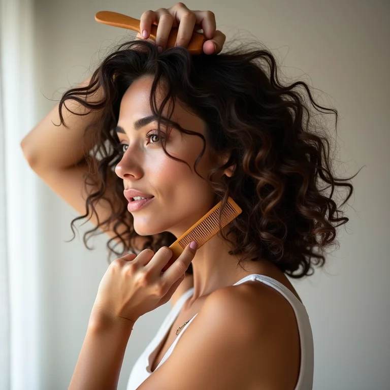 Mulher desembaraçando cabelo cacheado com pente de madeira