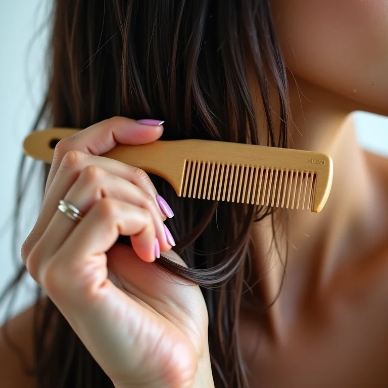 Mulher desembaraçando o cabelo úmido após a umectação