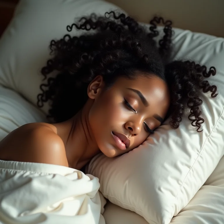 Mulher dormindo com touca de seda para proteger o cabelo crespo.
