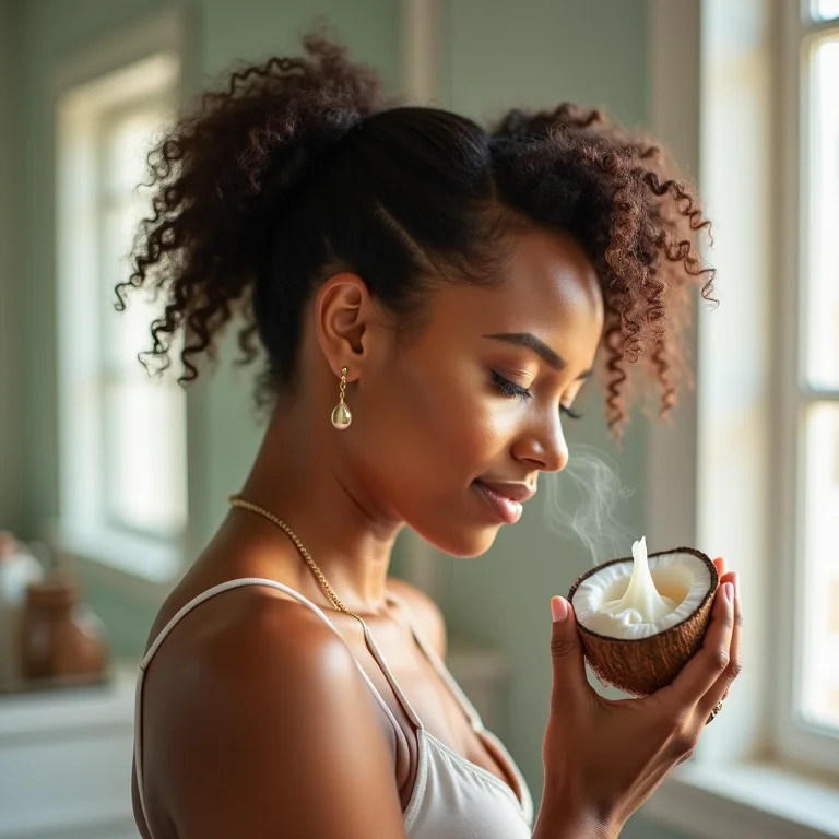 Mulher em transição capilar aplicando óleo de coco