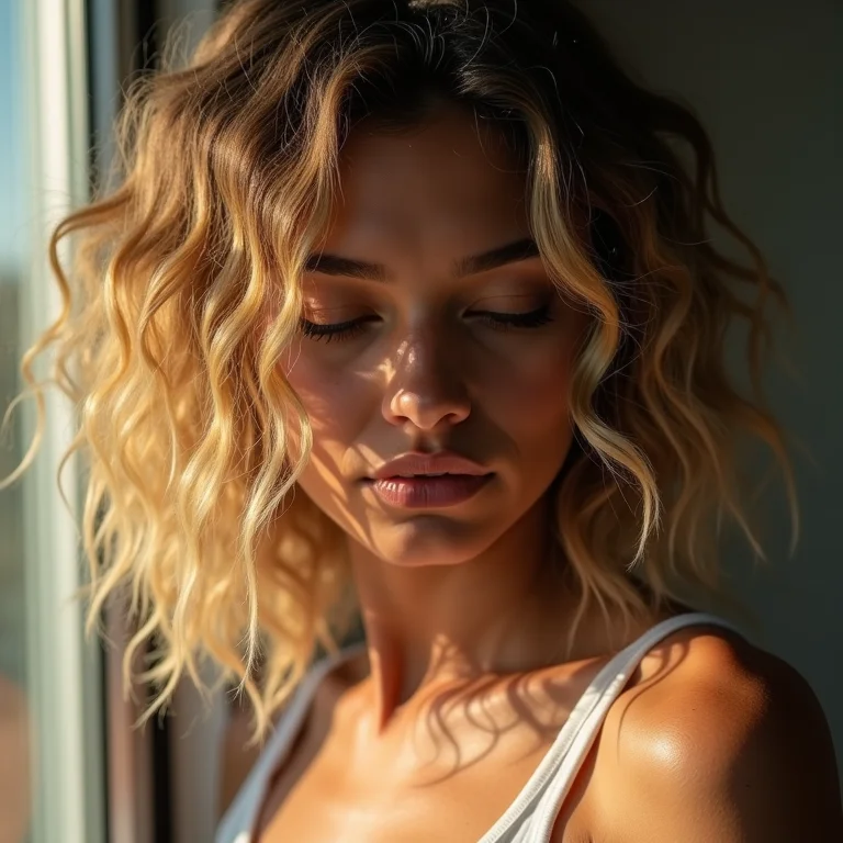 Mulher em transição capilar com cabelo loiro mel