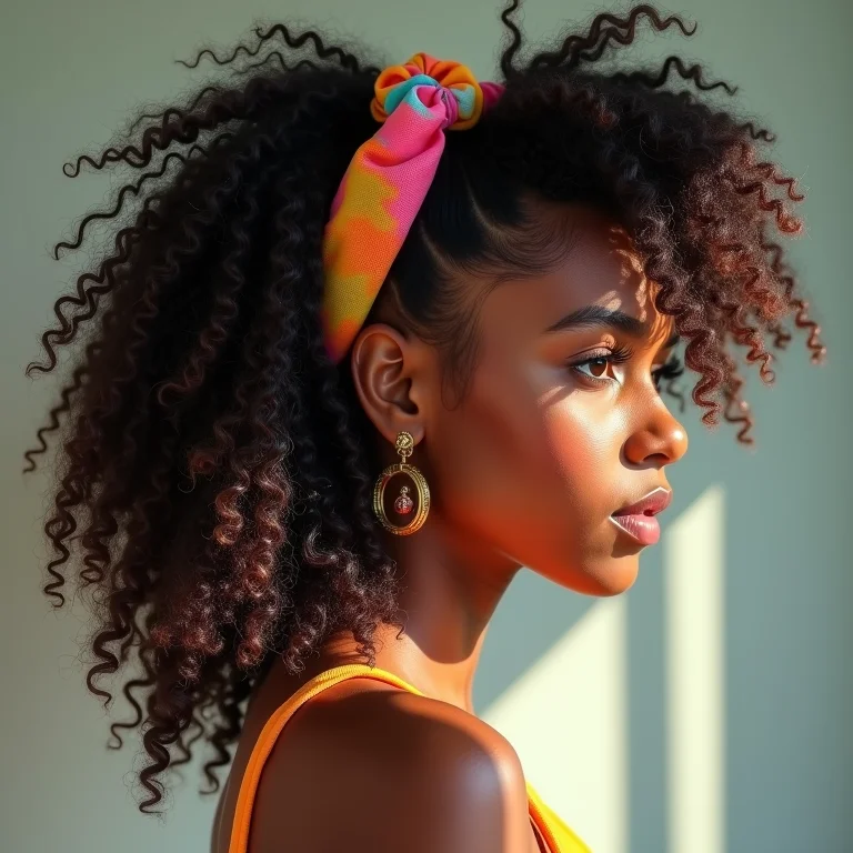 Mulher em transição capilar com scrunchie colorida