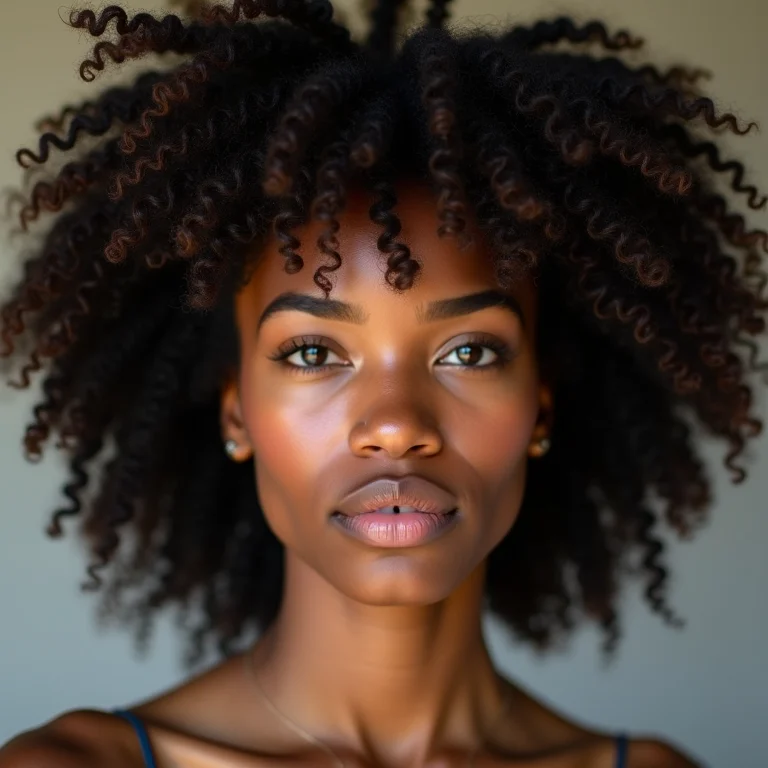Mulher em transição capilar mostrando cabelo crespo 4C.