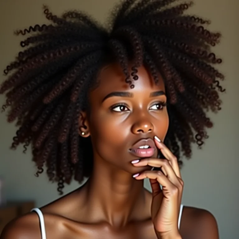 Mulher em transição capilar olhando para o cabelo crespo