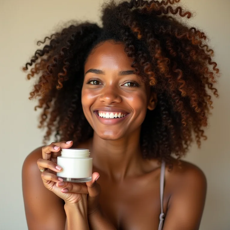 Mulher em transição capilar segurando pote de máscara capilar.