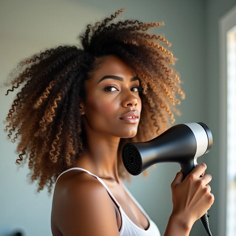 Mulher em transição capilar usando secador com difusor