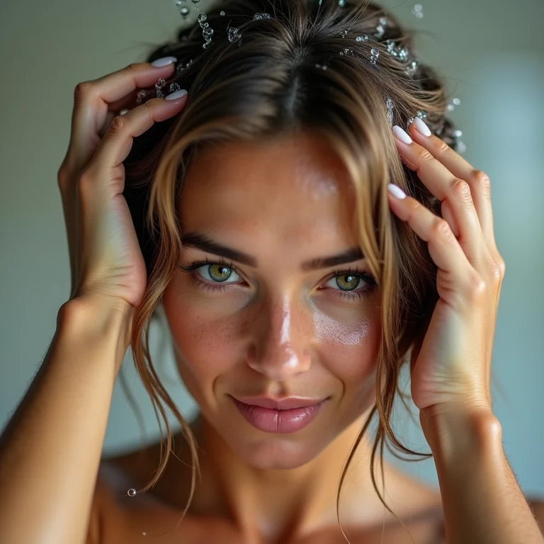 Mulher enxaguando o cabelo com vinagre de maçã