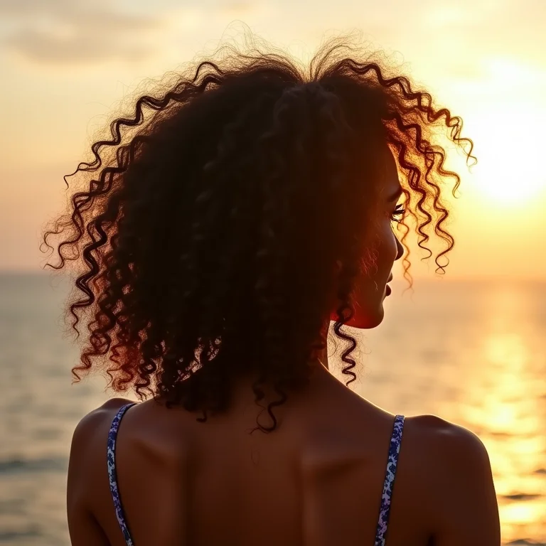 Mulher exibindo cabelo cacheado volumoso e definido.
