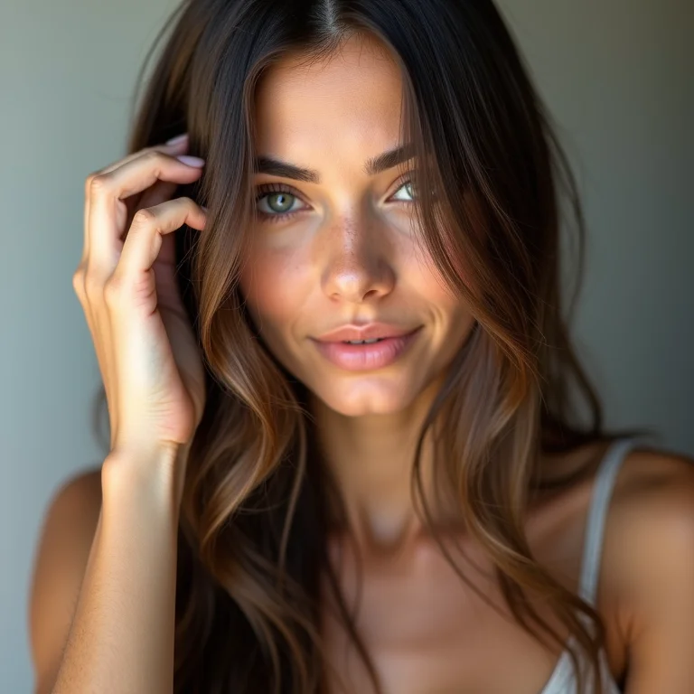 Mulher exibindo cabelos finos com frizz natural.