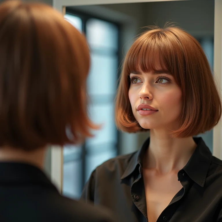 Mulher explicando o corte chanel desfiado para o cabeleireiro