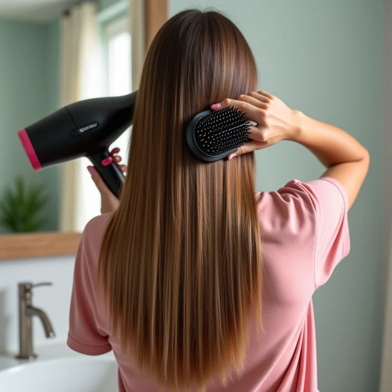 Mulher finalizando cabelo liso com secador e escova