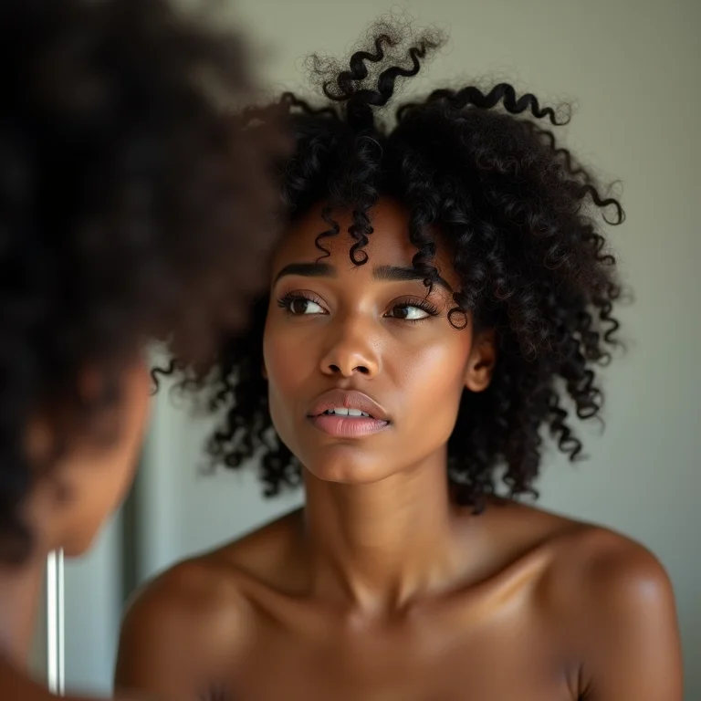 Mulher frustrada com acúmulo de produto no cabelo