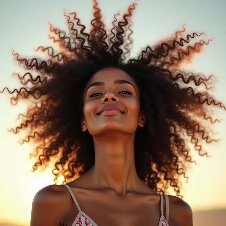 Mulher jogando o cabelo cacheado para frente para dar volume
