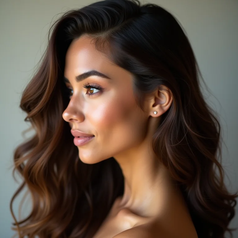Mulher latina de perfil com cabelo castanho ondulado, destacando como a cor realça seus traços