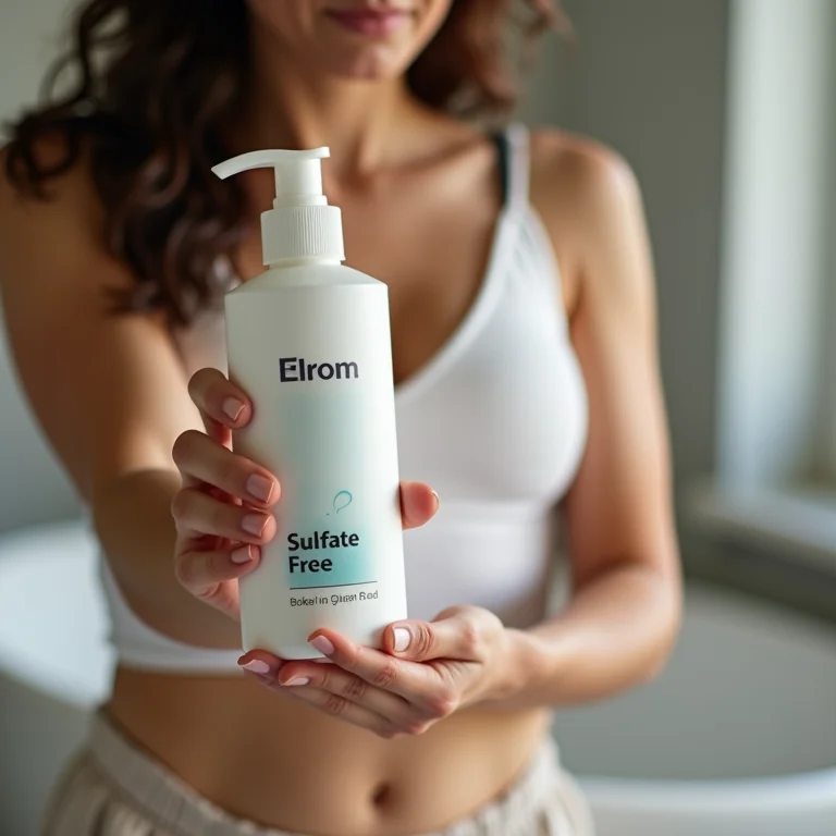 Mulher lendo o rótulo de um shampoo sem sal.