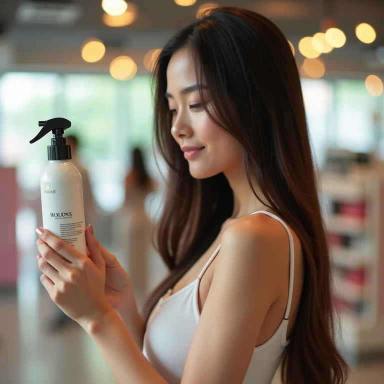 Mulher lendo rótulo de produto capilar com aminoácidos