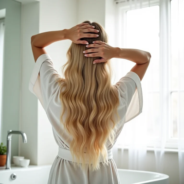 Mulher loira aplicando máscara capilar no cabelo